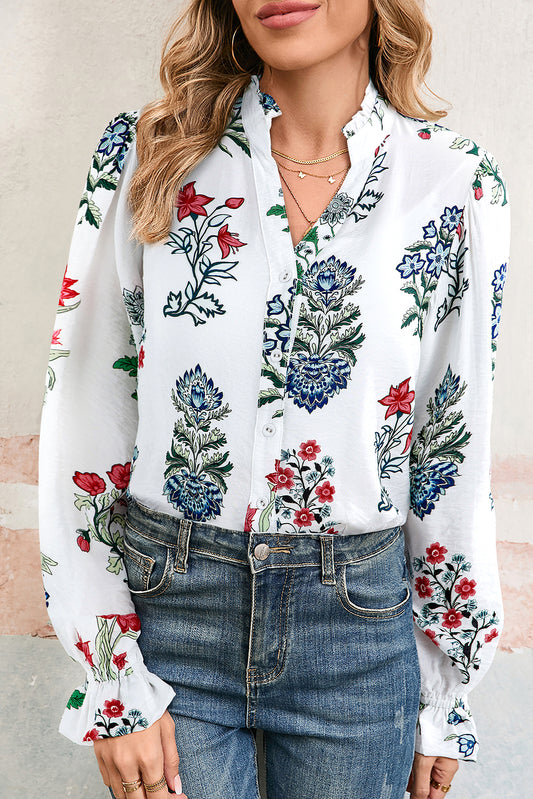 White Floral Print Frilled Collar V Neck Button Down Long Sleeve Shirt-Tops/Blouses & Shirts-[Adult]-[Female]-White-S-2022 Online Blue Zone Planet