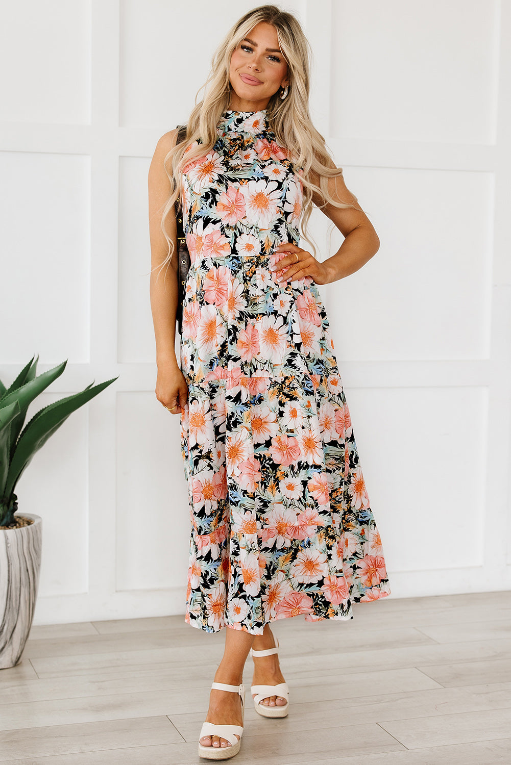 Blue Zone Planet | Black Boho Floral Print Knotted Halter Ruffled Maxi Dress-TOPS / DRESSES-[Adult]-[Female]-2022 Online Blue Zone Planet