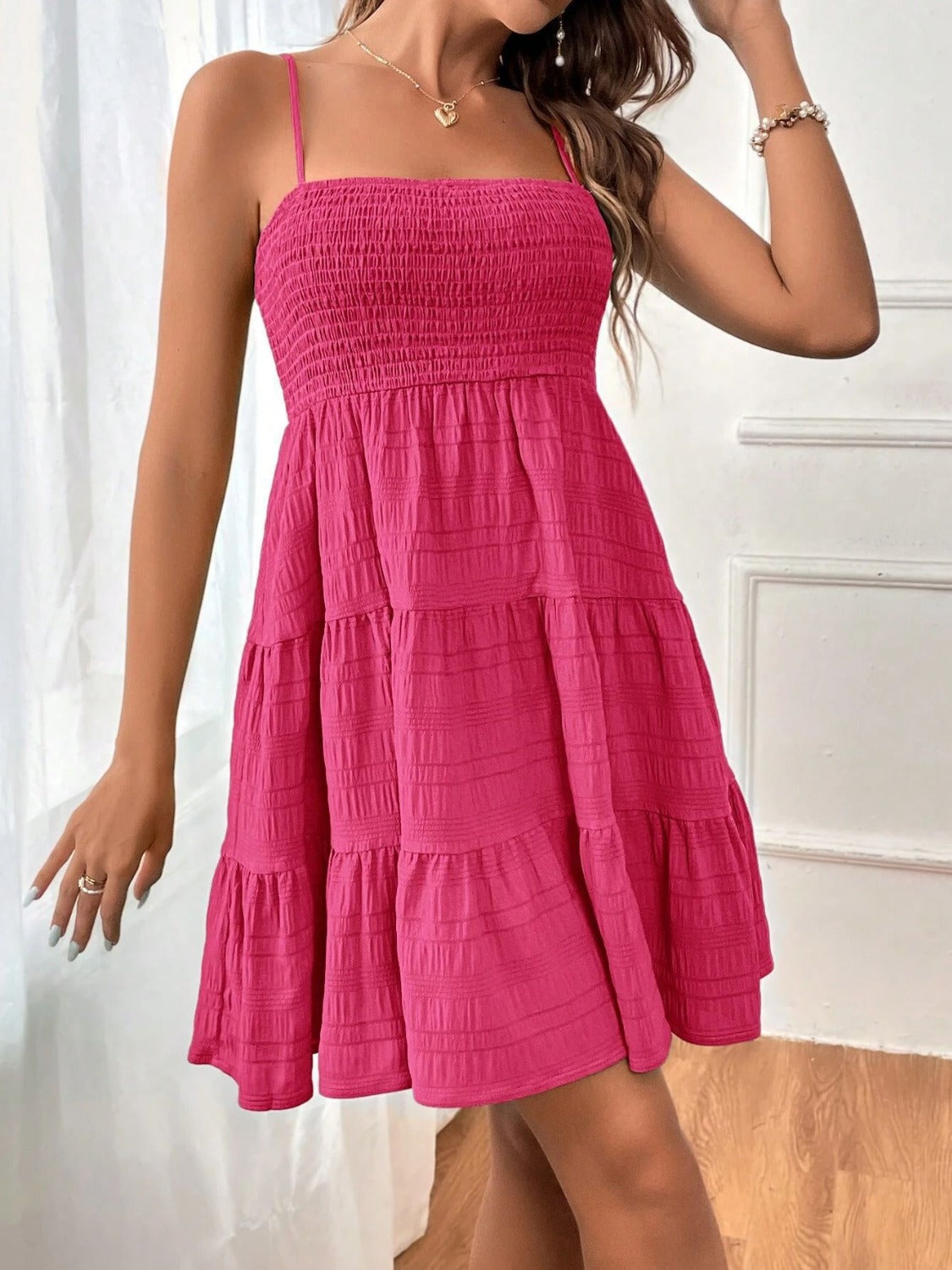 Tiered Smocked Square Neck Cami Dress-TOPS / DRESSES-[Adult]-[Female]-Deep Rose-S-2022 Online Blue Zone Planet