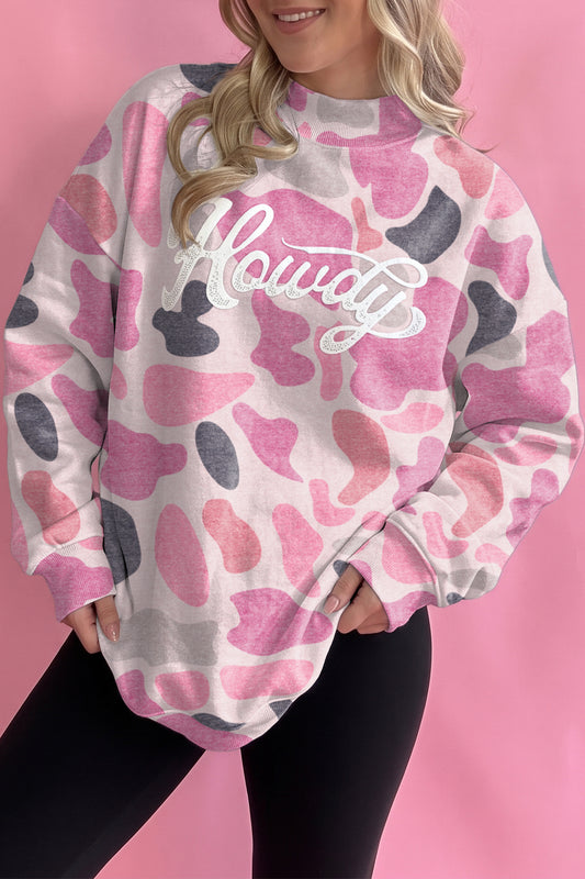 Pink Camo Print Howdy Western Style Baggy Pullover Sweatshirt-Tops/Sweatshirts & Hoodies-[Adult]-[Female]-Pink-S-2022 Online Blue Zone Planet