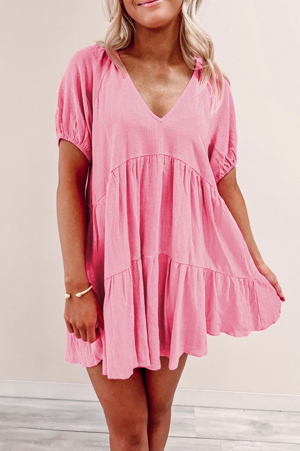 Strawberry Pink Puff Sleeve V Neck Tiered Swing Dress Blue Zone Planet
