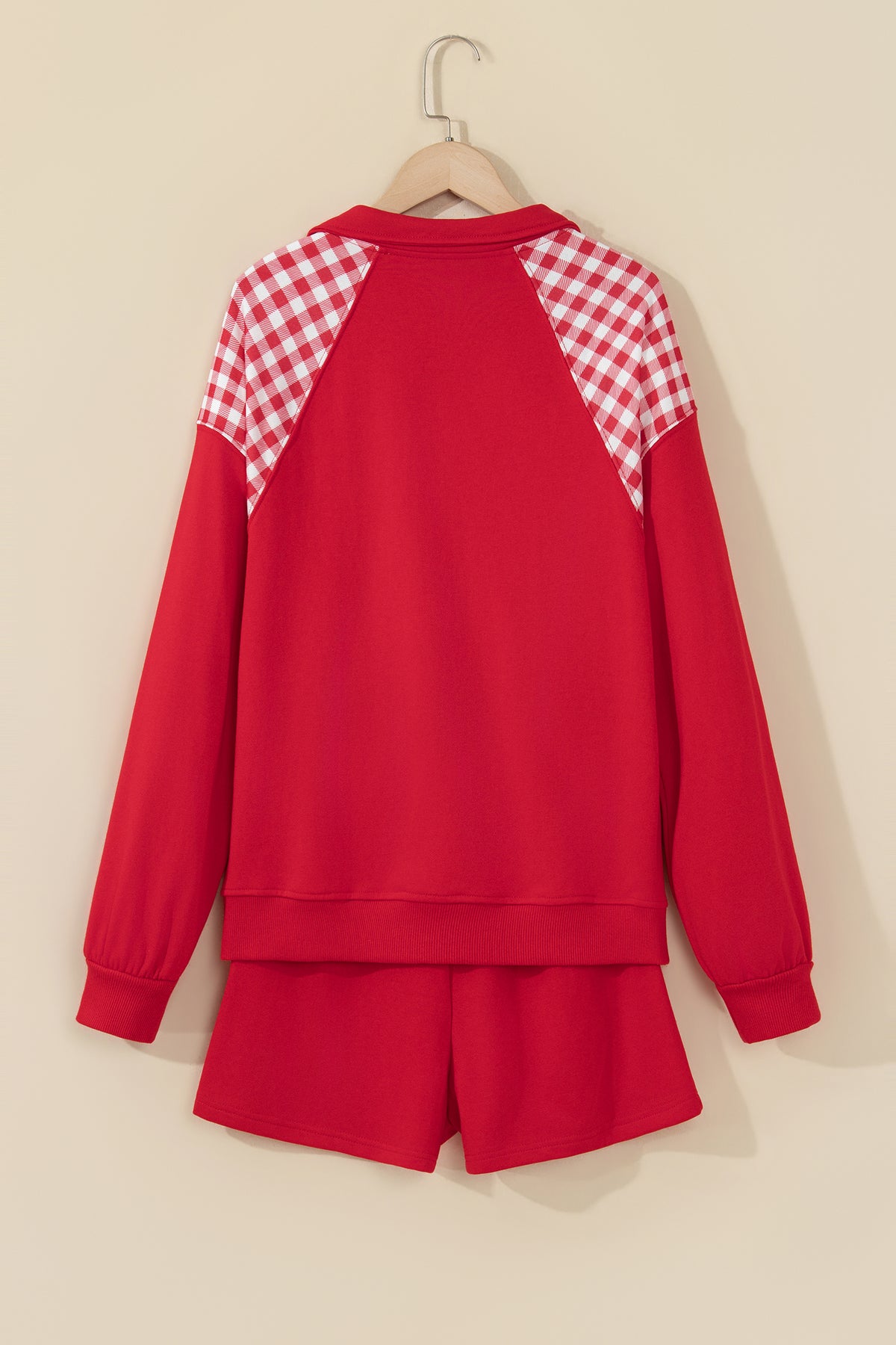 Bright Green Plaid Patchwork Half Zip Pullover Drawstring Short Set