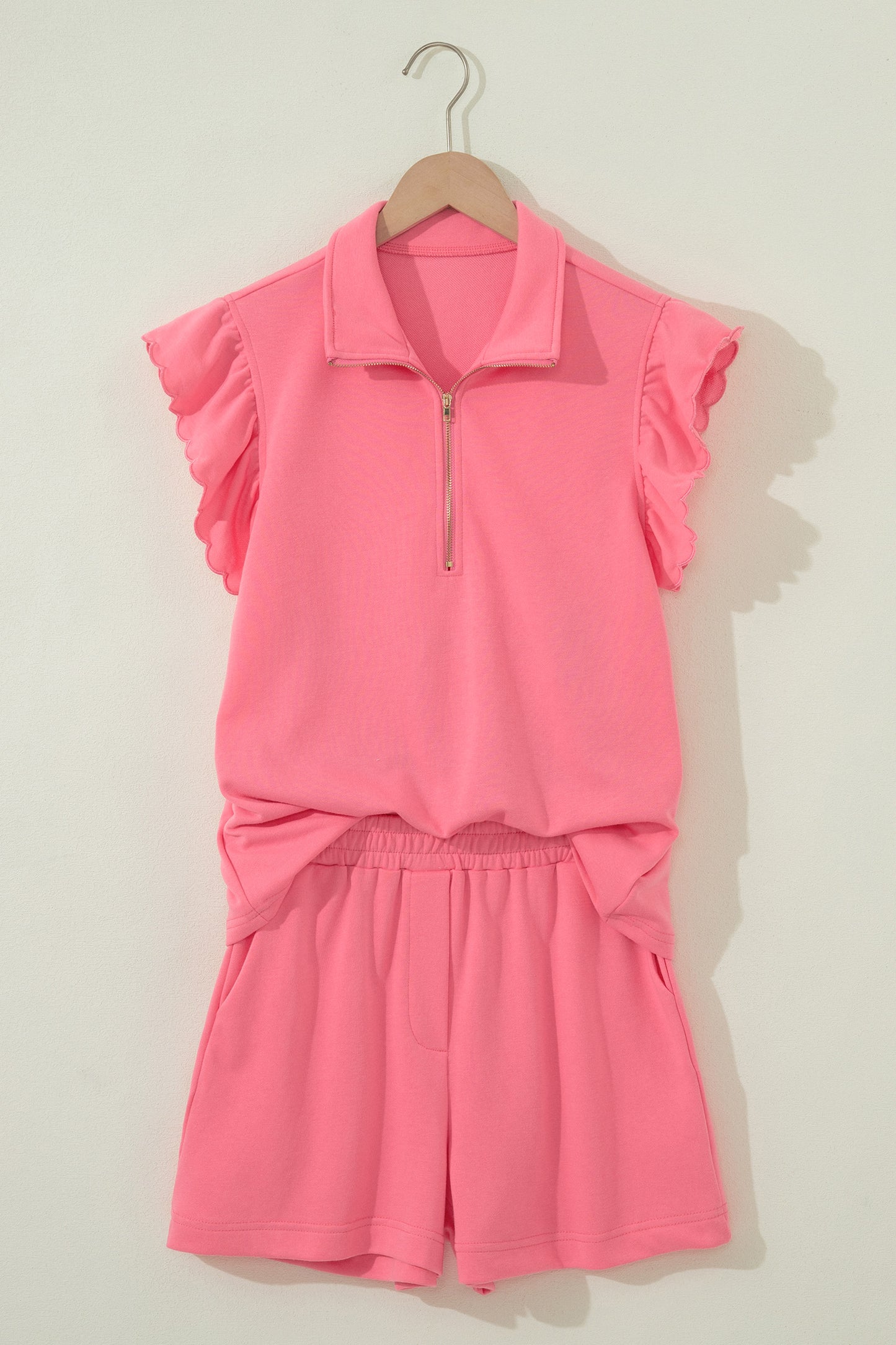 Sky Blue Half Zipped Ruffled Short Set-Two Piece Sets/Short Sets-[Adult]-[Female]-2022 Online Blue Zone Planet