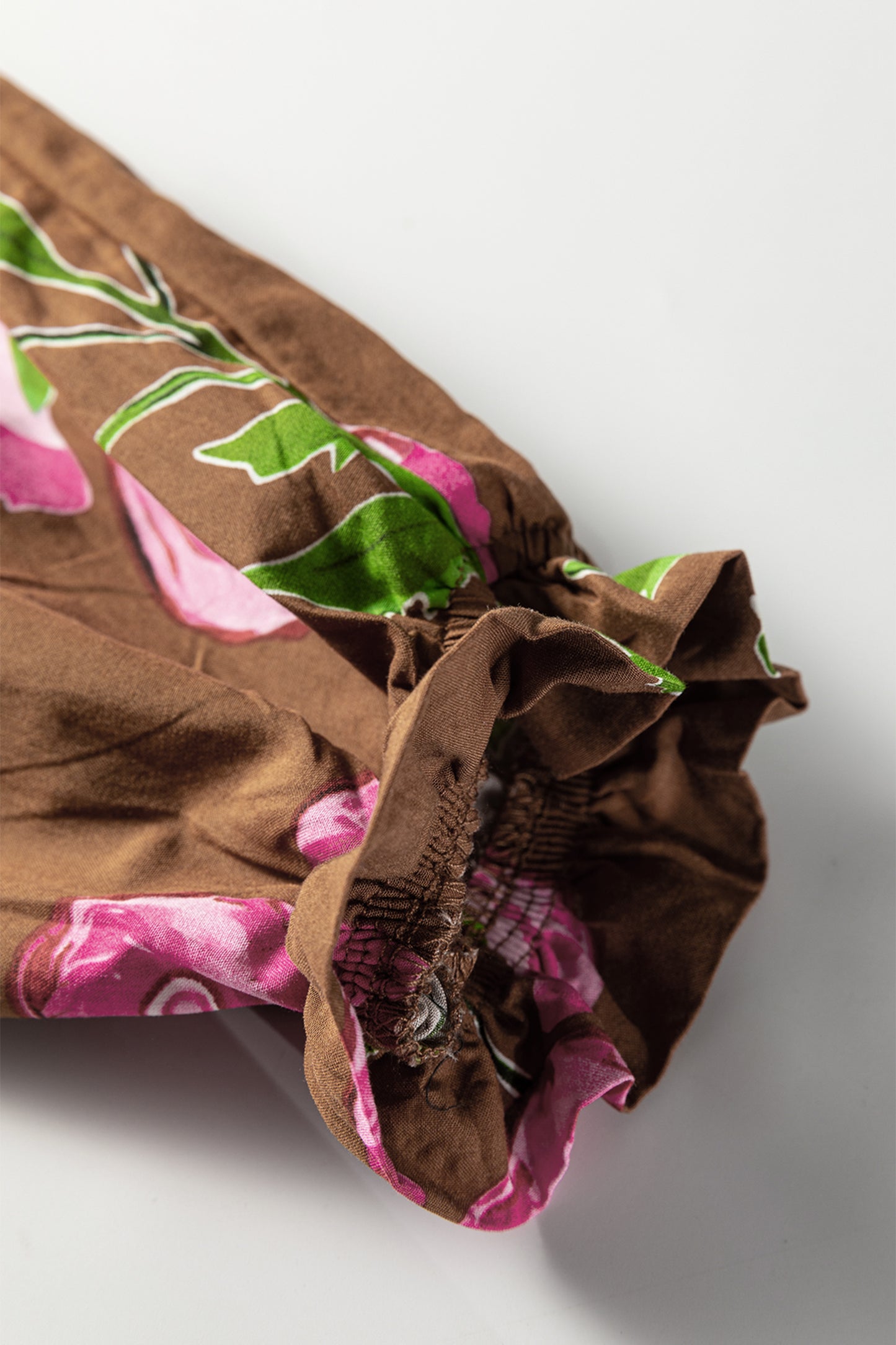 Brown Contrast Floral Print Babydoll Tunic Ruffled Hem Puff Sleeve Dress-TOPS / DRESSES-[Adult]-[Female]-2022 Online Blue Zone Planet