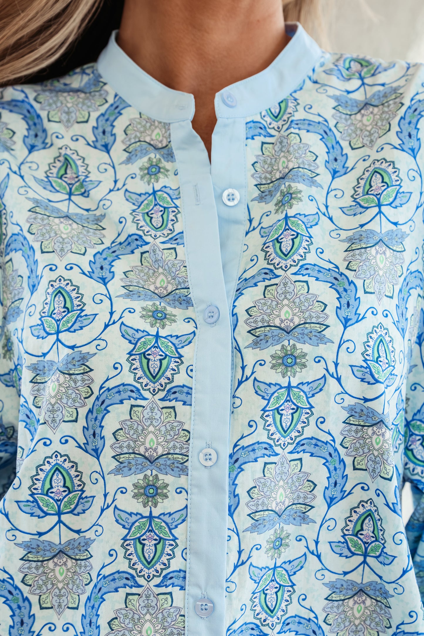 Sky Blue Paisley Print Puff Sleeve Loose Shirt-Tops/Blouses & Shirts-[Adult]-[Female]-2022 Online Blue Zone Planet