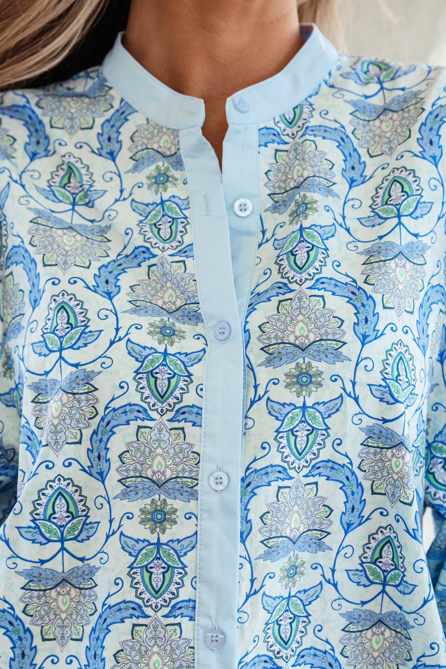 Sky Blue Paisley Print Puff Sleeve Loose Shirt-Tops/Blouses & Shirts-[Adult]-[Female]-2022 Online Blue Zone Planet