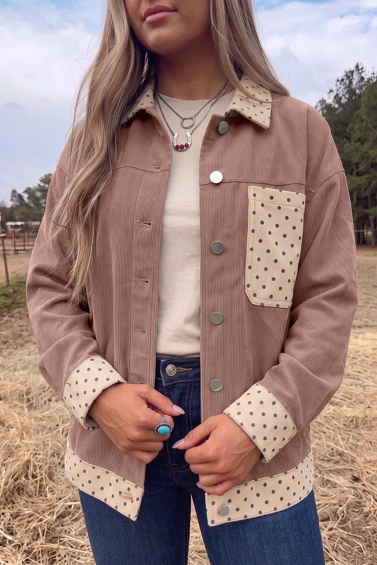 Goat Contrast Polka Dot Patchwork Corduroy Button Shacket-Outerwear/Jackets-[Adult]-[Female]-2022 Online Blue Zone Planet