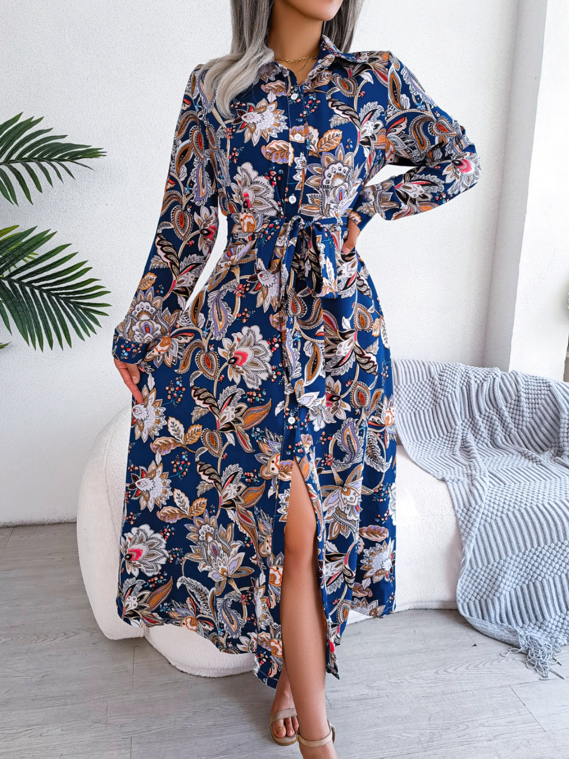 Blue Zone Planet | Tied Printed Long Sleeve Midi Dress-TOPS / DRESSES-[Adult]-[Female]-Royal Blue-S-2022 Online Blue Zone Planet