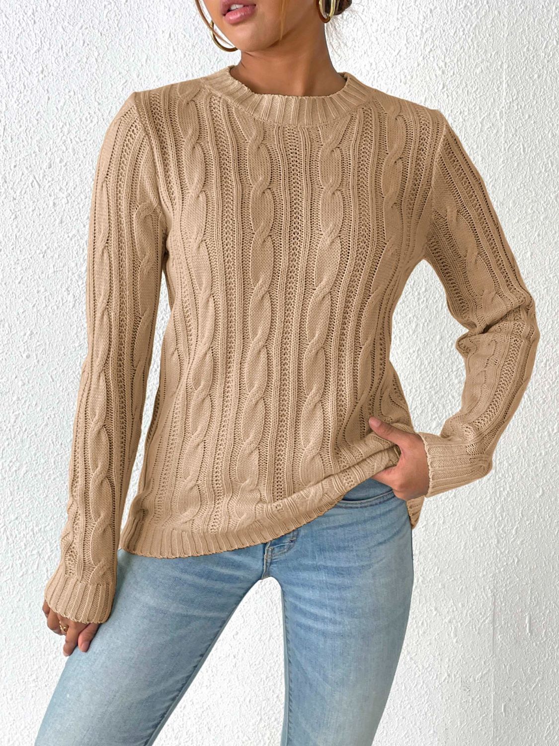 Cable-Knit Round Neck Sweater-TOPS / DRESSES-[Adult]-[Female]-Camel-S-2022 Online Blue Zone Planet