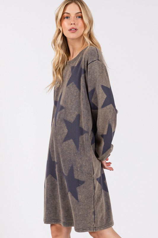 Blue Zone Planet | SAGE + FIG Washed Star Print Round Neck Dress-TOPS / DRESSES-[Adult]-[Female]-2022 Online Blue Zone Planet