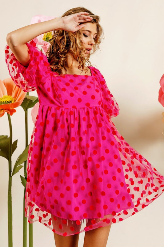 BiBi Polka Dot Mesh Puff Sleeve Dress-TOPS / DRESSES-[Adult]-[Female]-Fuchsia-S-2022 Online Blue Zone Planet