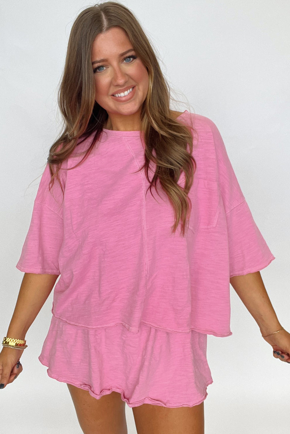 Sachet Pink Loose Fit Half Sleeve T Shirt and High Waist Skirt Set-Two Piece Sets/Two Piece Dresses-[Adult]-[Female]-2022 Online Blue Zone Planet