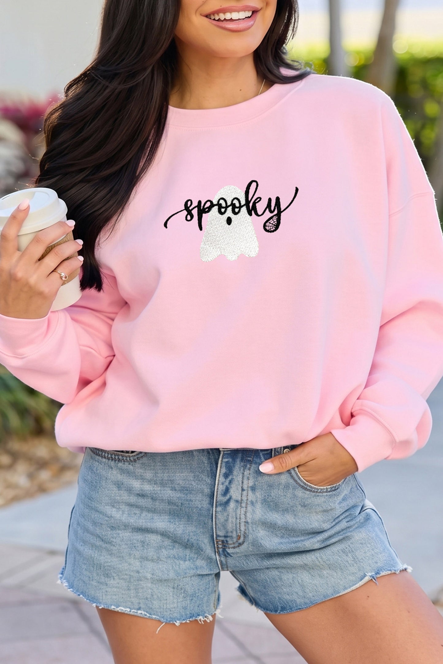 Pink Embroidered Ghost Halloween Graphic Sweatshirt-Graphic/Graphic Sweatshirts-[Adult]-[Female]-Pink-S-2022 Online Blue Zone Planet