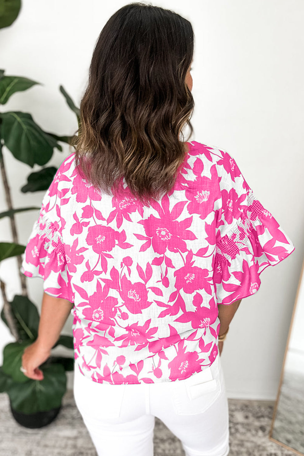 Pink Floral Printed Ruffled Short Sleeve Round Neck Loose Blouse-Tops/Blouses & Shirts-[Adult]-[Female]-2022 Online Blue Zone Planet