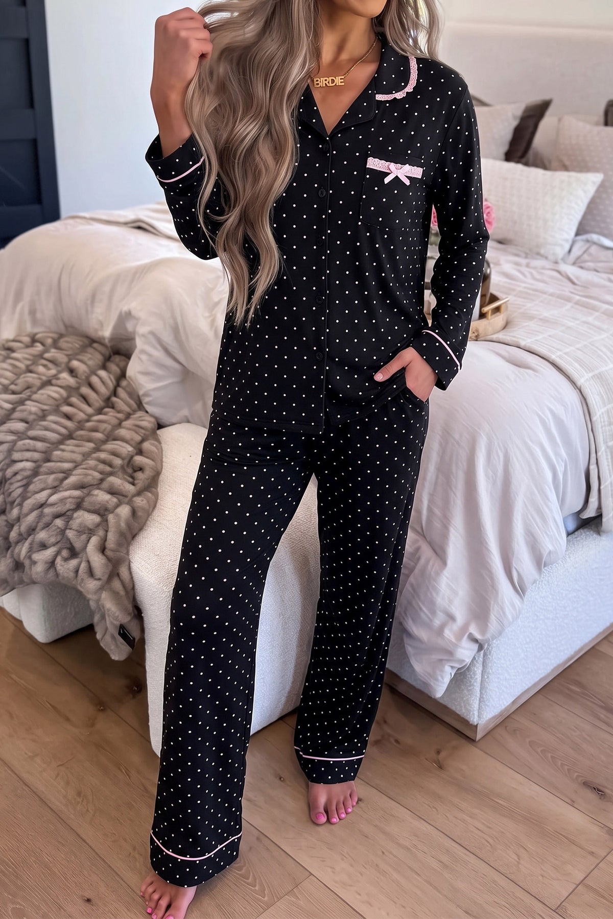 Black Polka Dot Long Sleeve Shirt Lace Detail Two Piece Pajama Pant Set
