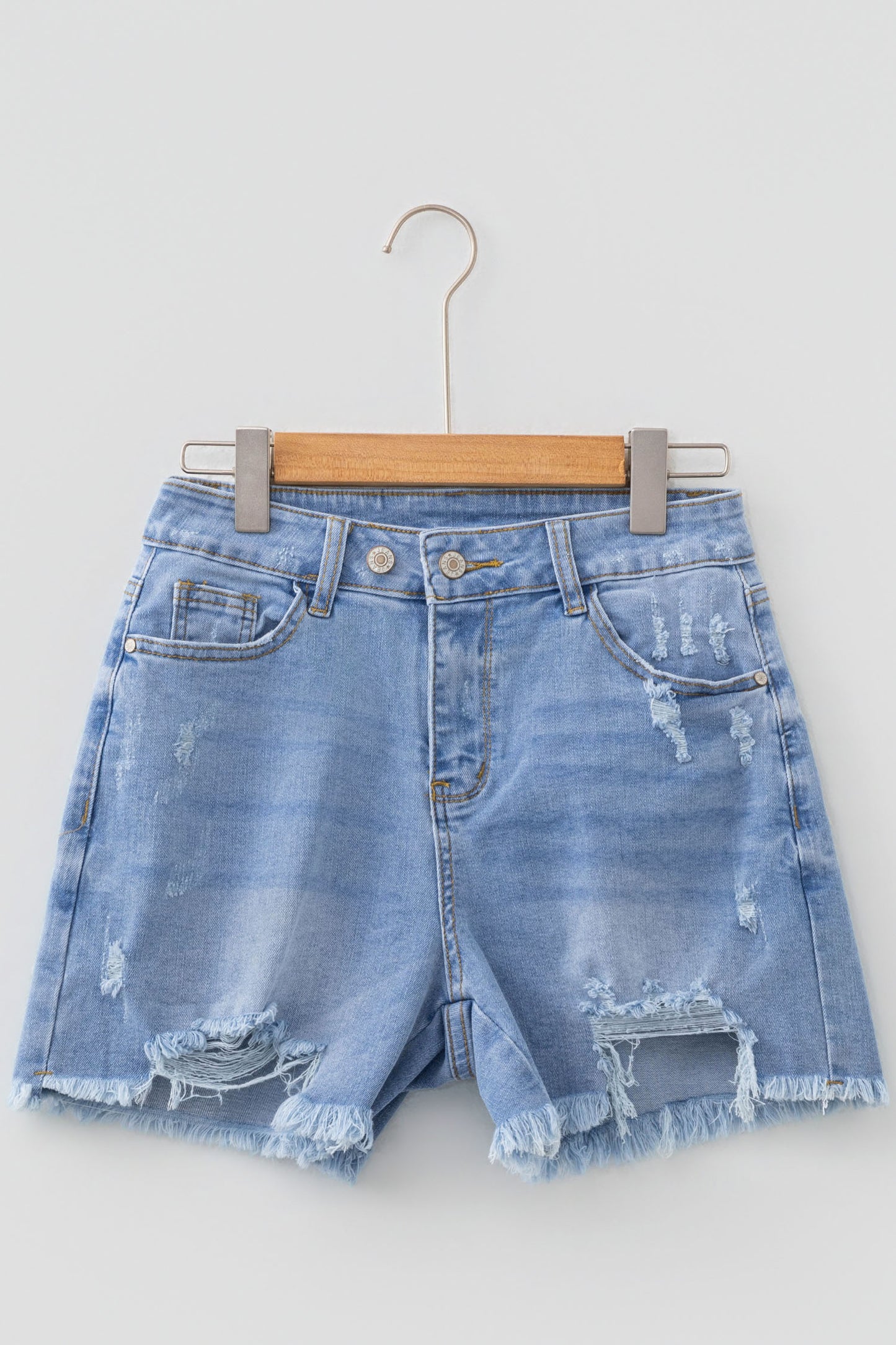 Beau Blue Asymmetric Raw Hem Distressed Whiskery Denim Shorts-Bottoms/Denim Shorts-[Adult]-[Female]-2022 Online Blue Zone Planet