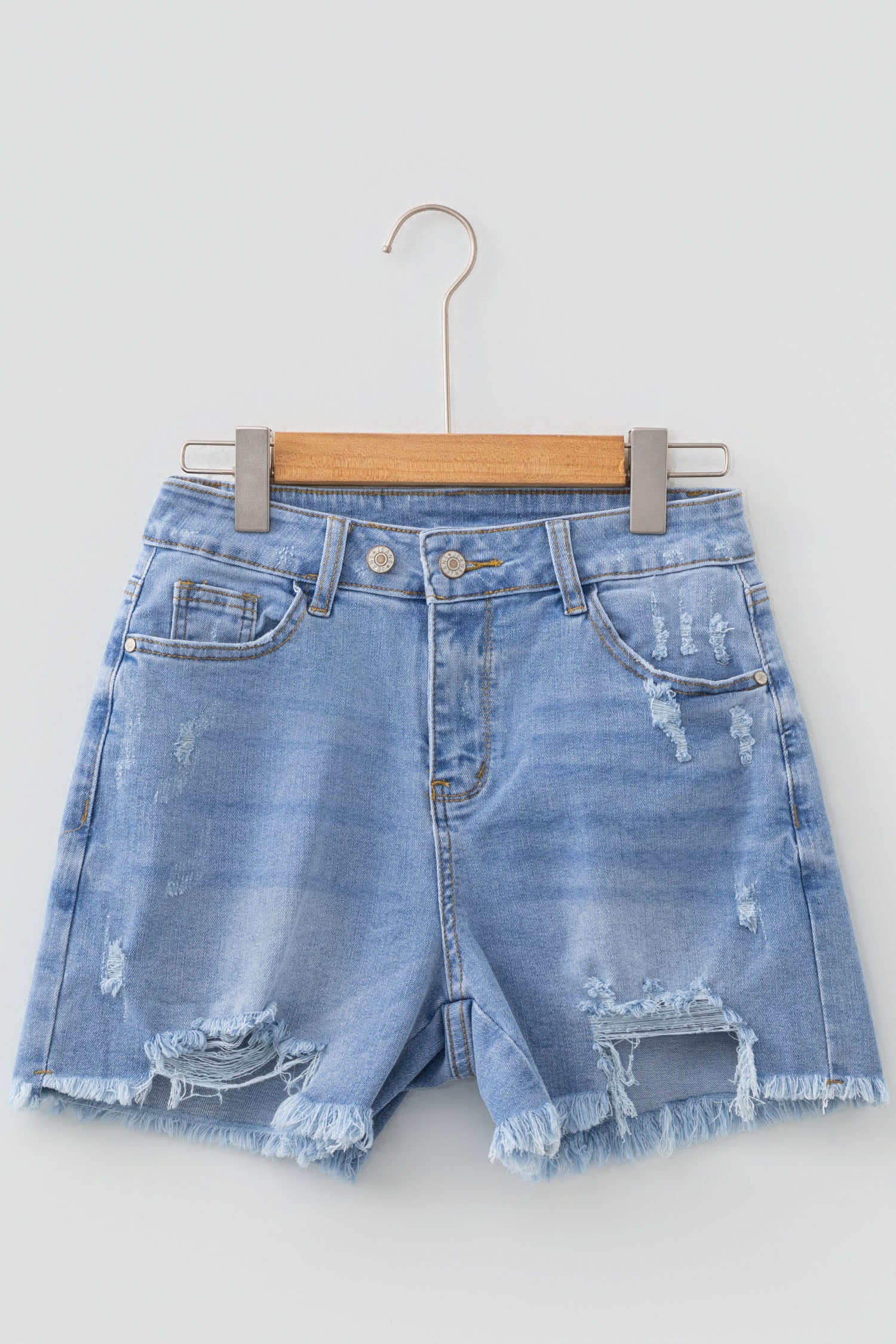 Beau Blue Asymmetric Raw Hem Distressed Whiskery Denim Shorts-Bottoms/Denim Shorts-[Adult]-[Female]-2022 Online Blue Zone Planet
