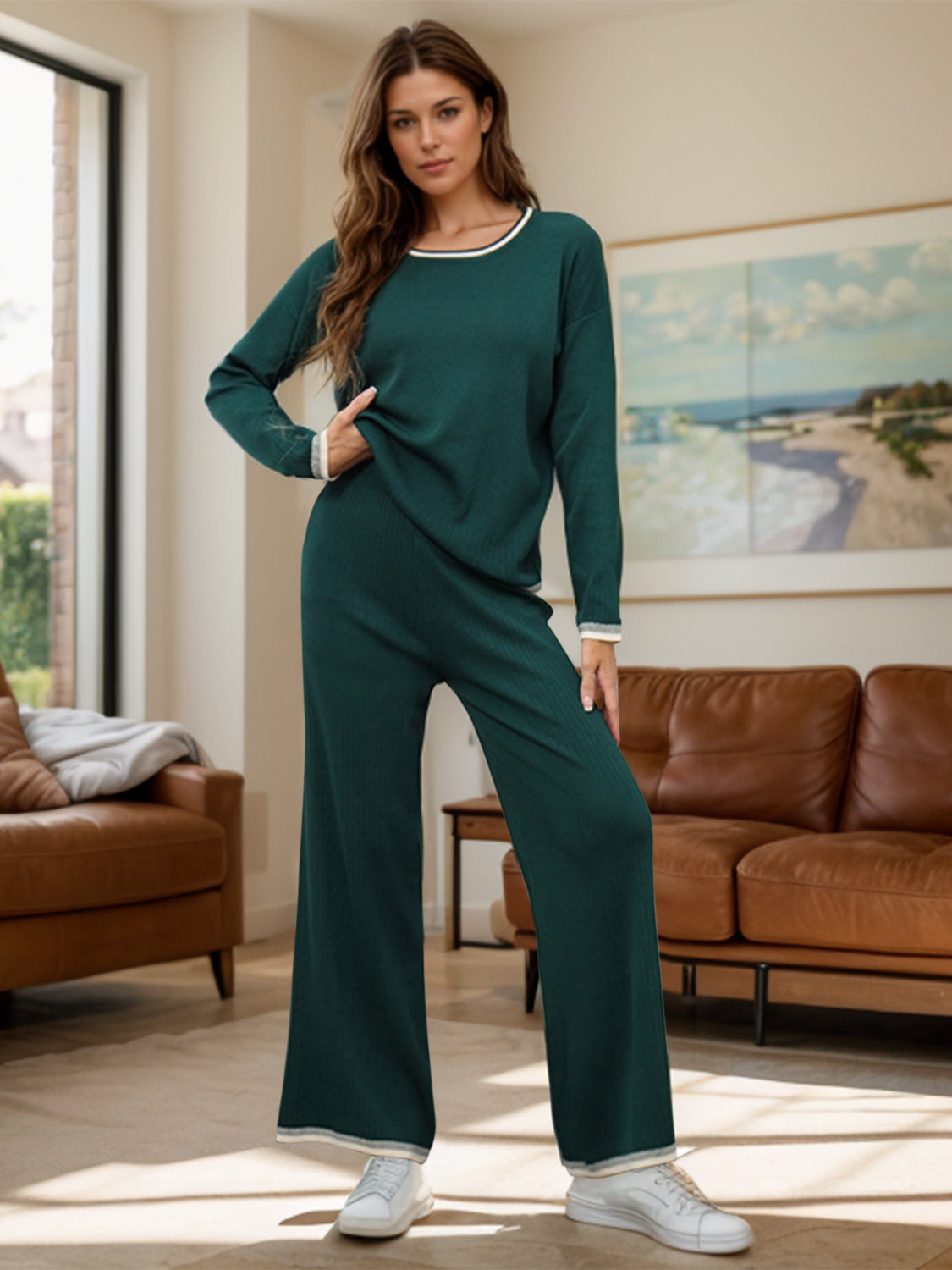 Blue Zone Planet | Contrast Trim Round Neck Top and Pants Sweater Set-TOPS / DRESSES-[Adult]-[Female]-Dark Green-One Size-2022 Online Blue Zone Planet