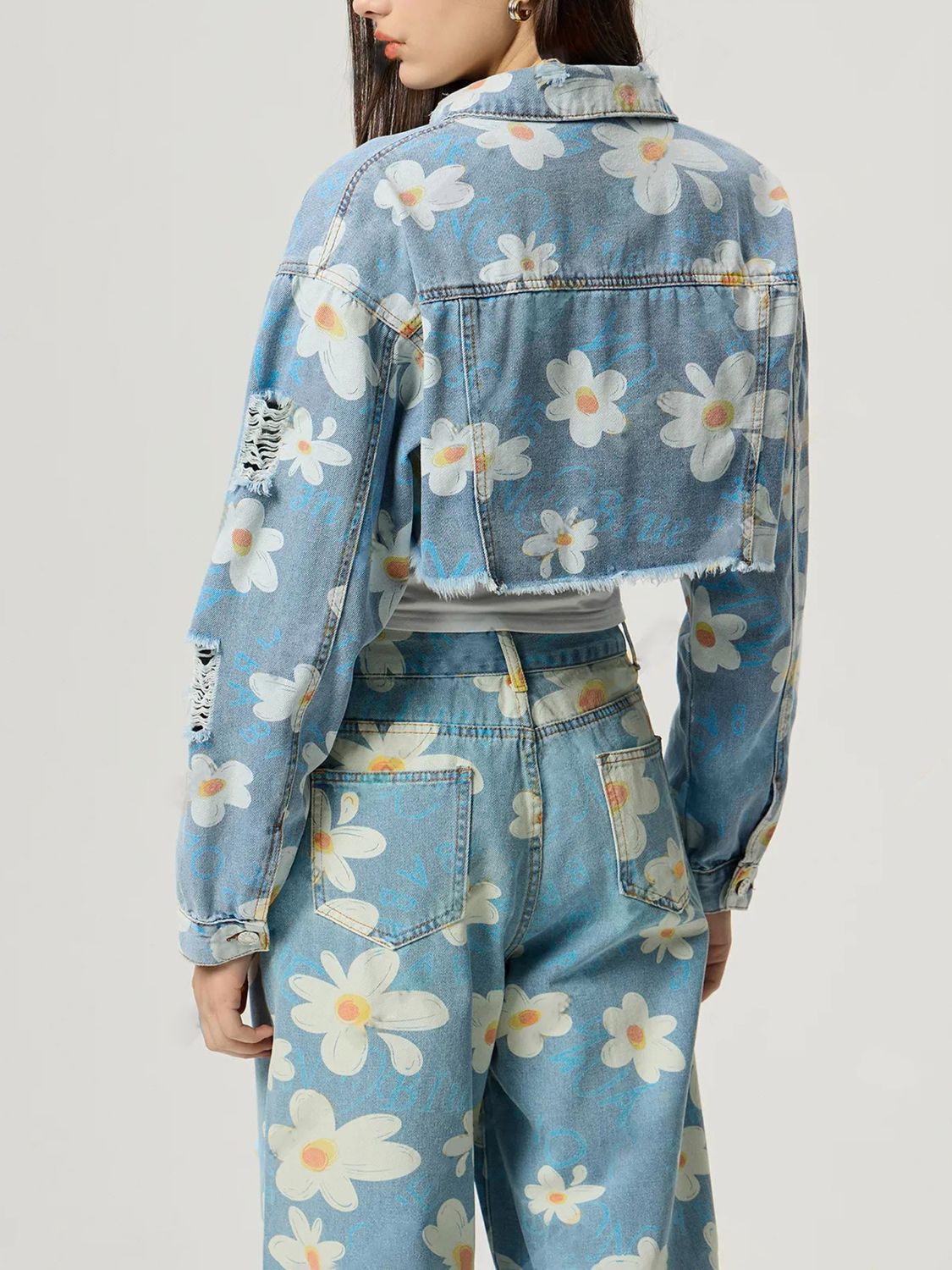 Blue Zone Planet | Distressed Raw Hem Floral Collared Neck Denim Top-TOPS / DRESSES-[Adult]-[Female]-2022 Online Blue Zone Planet