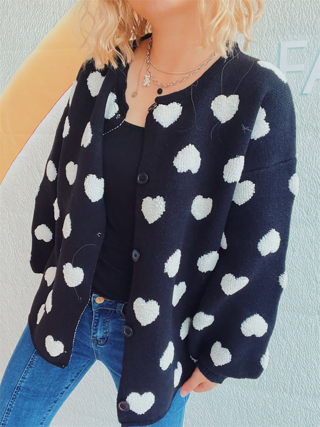 Heart Button Up Long Sleeve Cardigan-TOPS / DRESSES-[Adult]-[Female]-2022 Online Blue Zone Planet