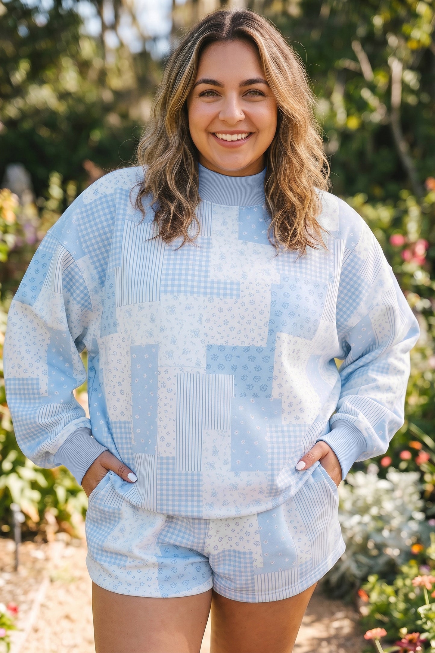 Sky Blue Patchwork Floral Print Stand Neck Long Sleeve Two-piece Outfit Plus Size Set-Plus Size/Plus Size Loungewear-[Adult]-[Female]-2022 Online Blue Zone Planet