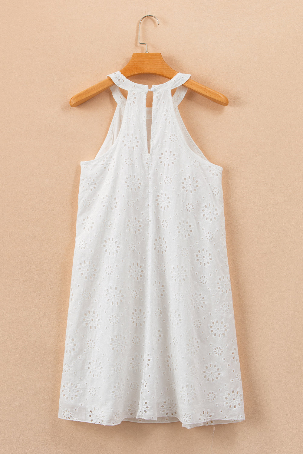 White Boho Eyelet Pattern Halter Neck Sleeveless Dress-Dresses/Mini Dresses-[Adult]-[Female]-2022 Online Blue Zone Planet