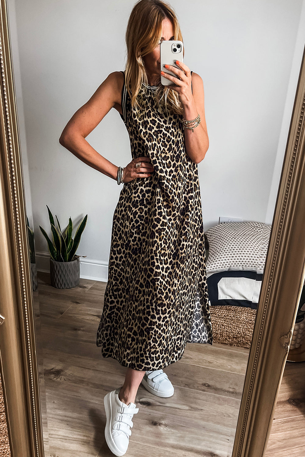 Black Contrast Striped Trim Leopard Sleeveless Maxi Dress-Dresses/Maxi Dresses-[Adult]-[Female]-2022 Online Blue Zone Planet