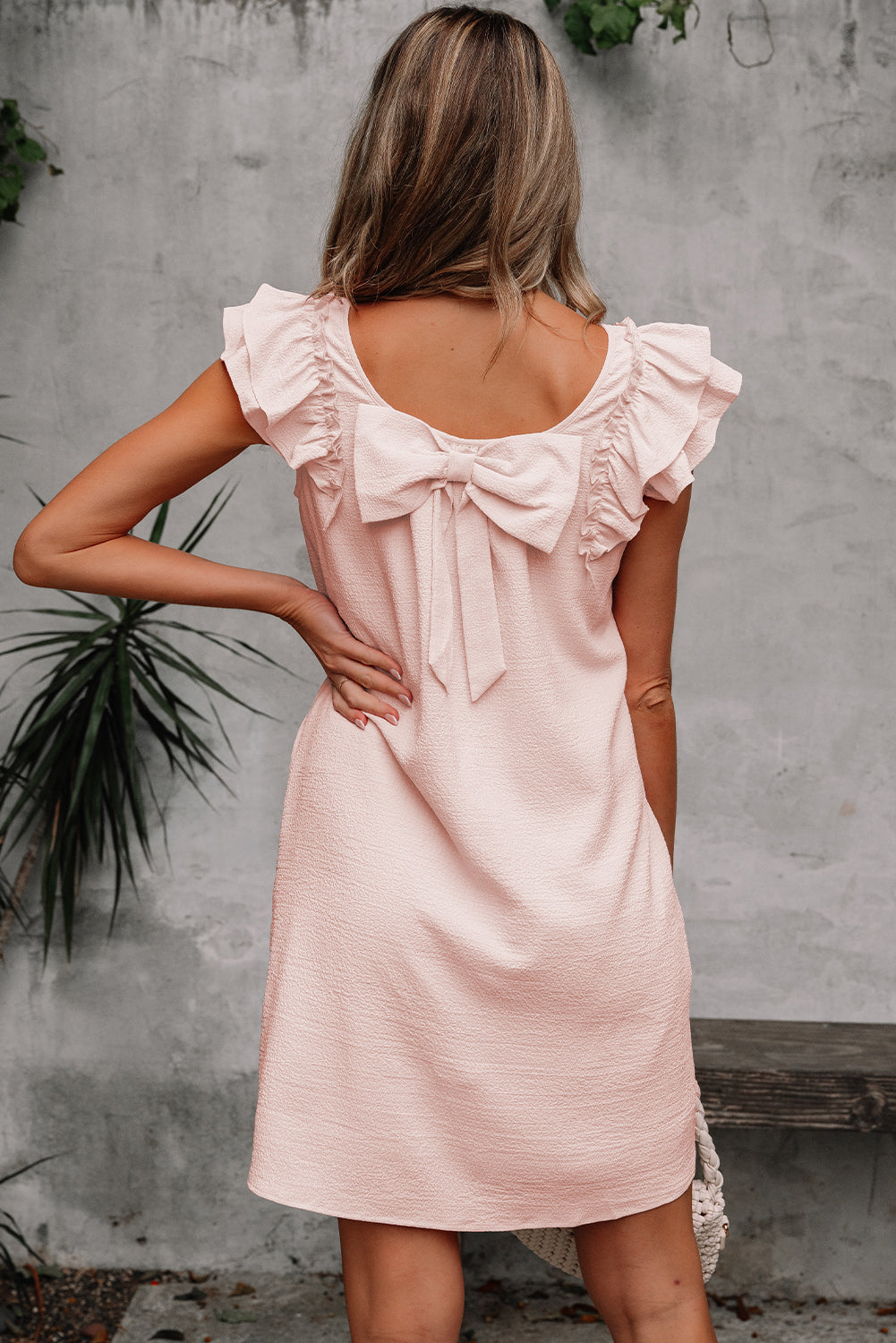 Light Pink Textured Flutter Sleeve Square Neck Bow Back Mini Dress Light Pink / M / 95%Polyester+5%Elastane by Blue Zone Planet Light Pink Textured Flutter Sleeve Square Neck Bow Back Mini Dress Light Pink / M / 95%Polyester+5%Elastane by Blue Zone Planet