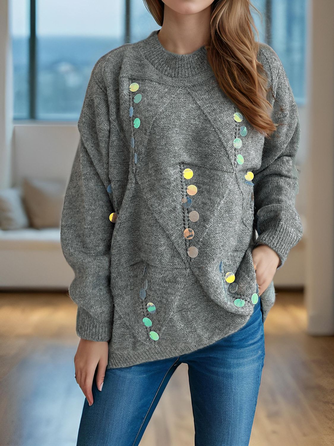 Sequin Mock Neck Long Sleeve Sweater-TOPS / DRESSES-[Adult]-[Female]-Gray-One Size-2022 Online Blue Zone Planet