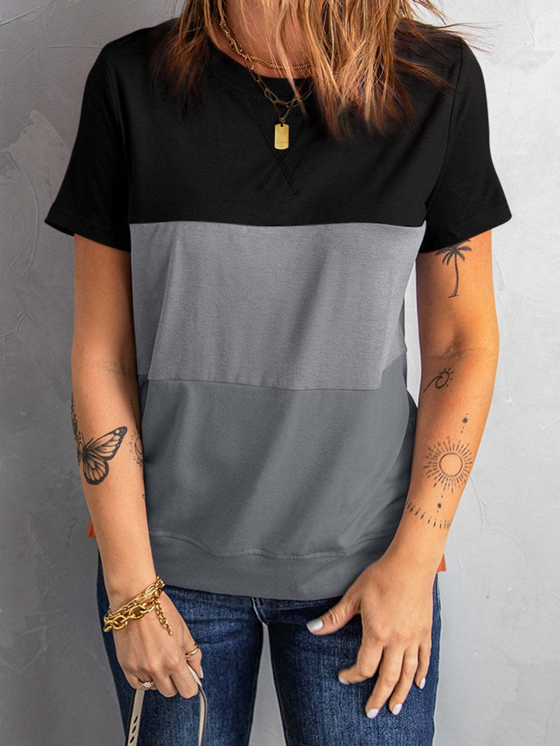 Color Block Round Neck T-Shirt-TOPS / DRESSES-[Adult]-[Female]-Black-S-2022 Online Blue Zone Planet