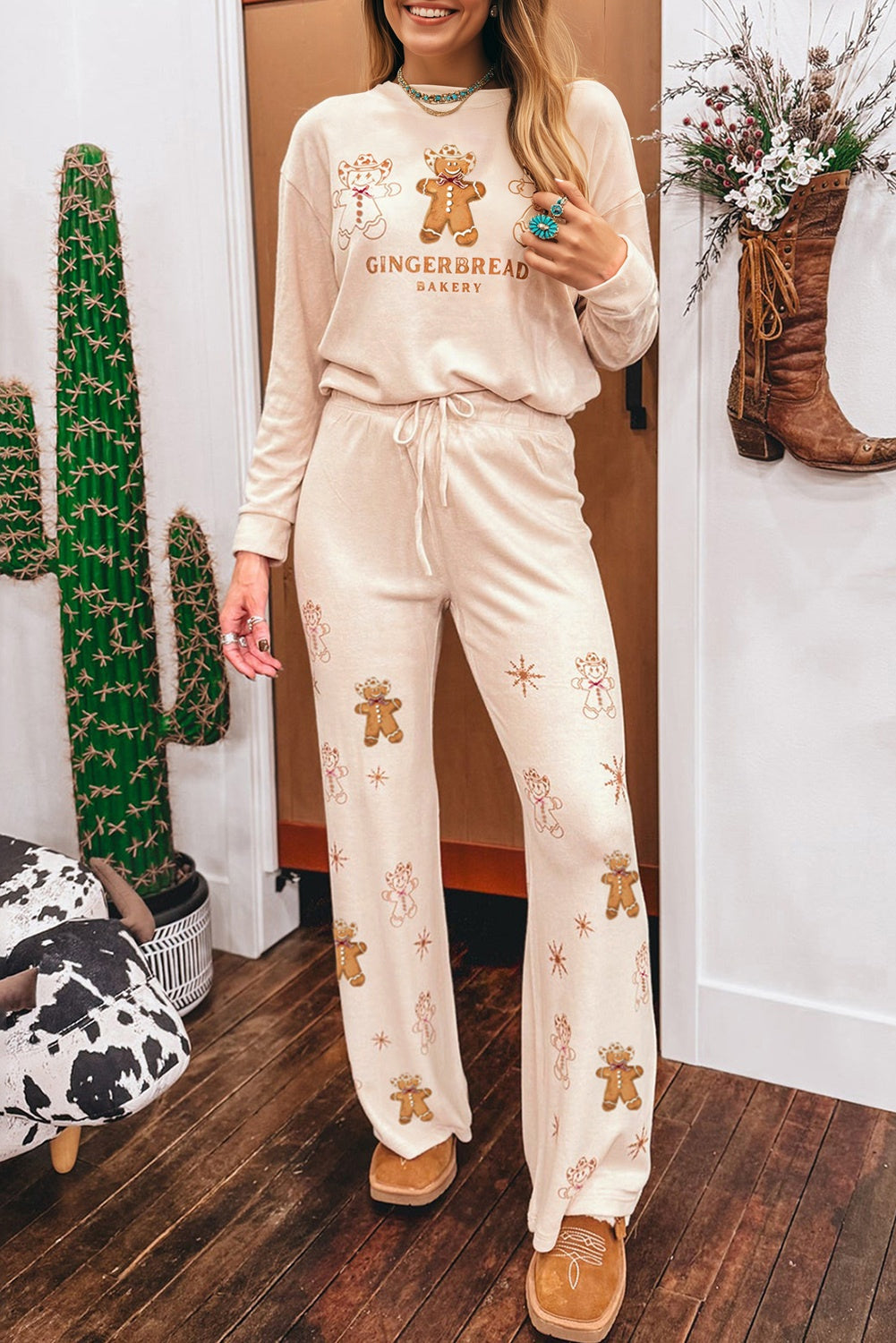 Jet Stream Gingerbread Bakery Christmas Print 2pcs Lounge Set-Loungewear & Sleepwear/Loungewear-[Adult]-[Female]-Jet Stream-S-2022 Online Blue Zone Planet