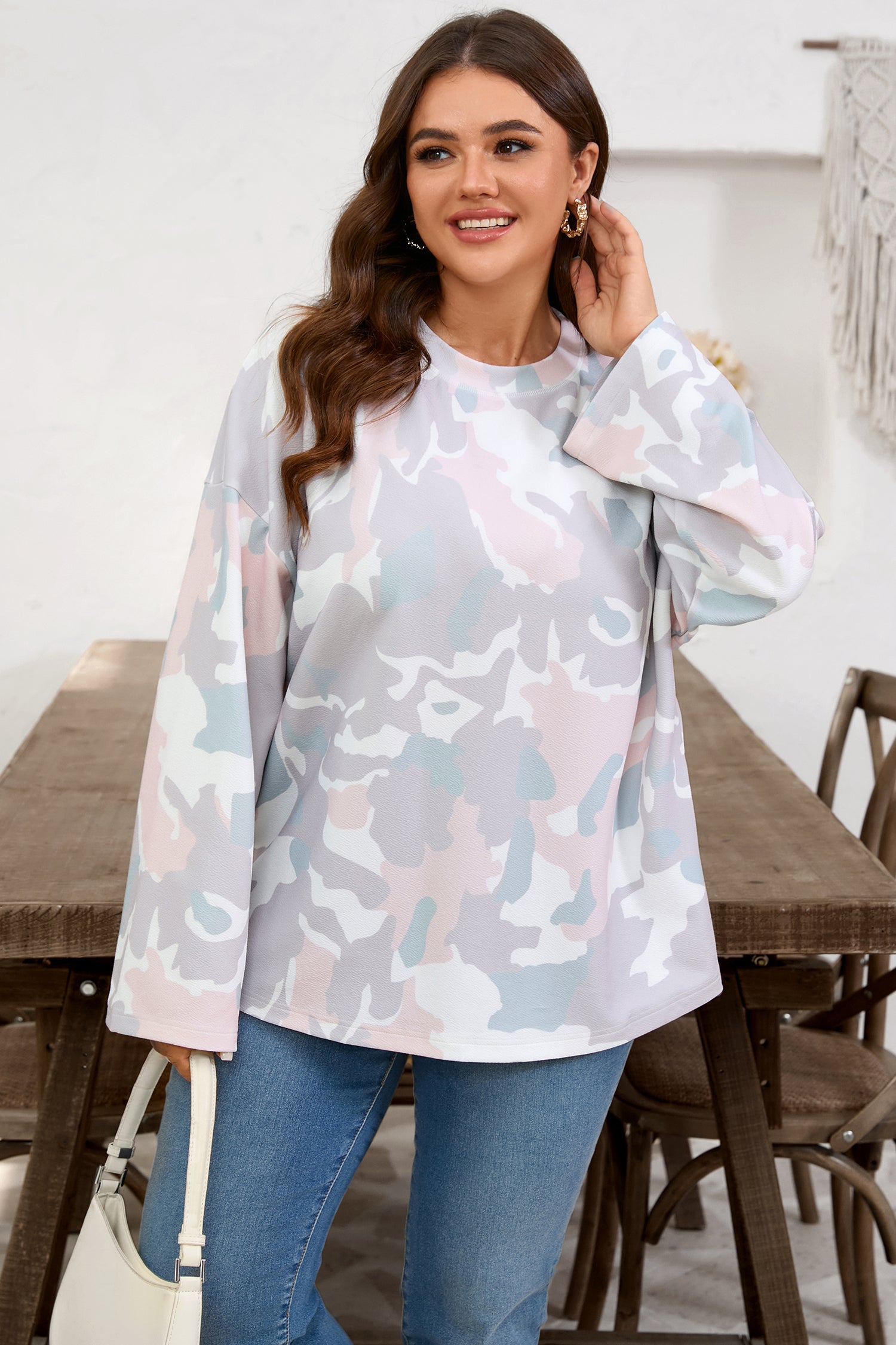 Green Plus Size Camouflage Print Drop Shoulder Loose Pullover Top-Plus Size/Plus Size Tops/Plus Size Long Sleeve Tops-[Adult]-[Female]-2022 Online Blue Zone Planet