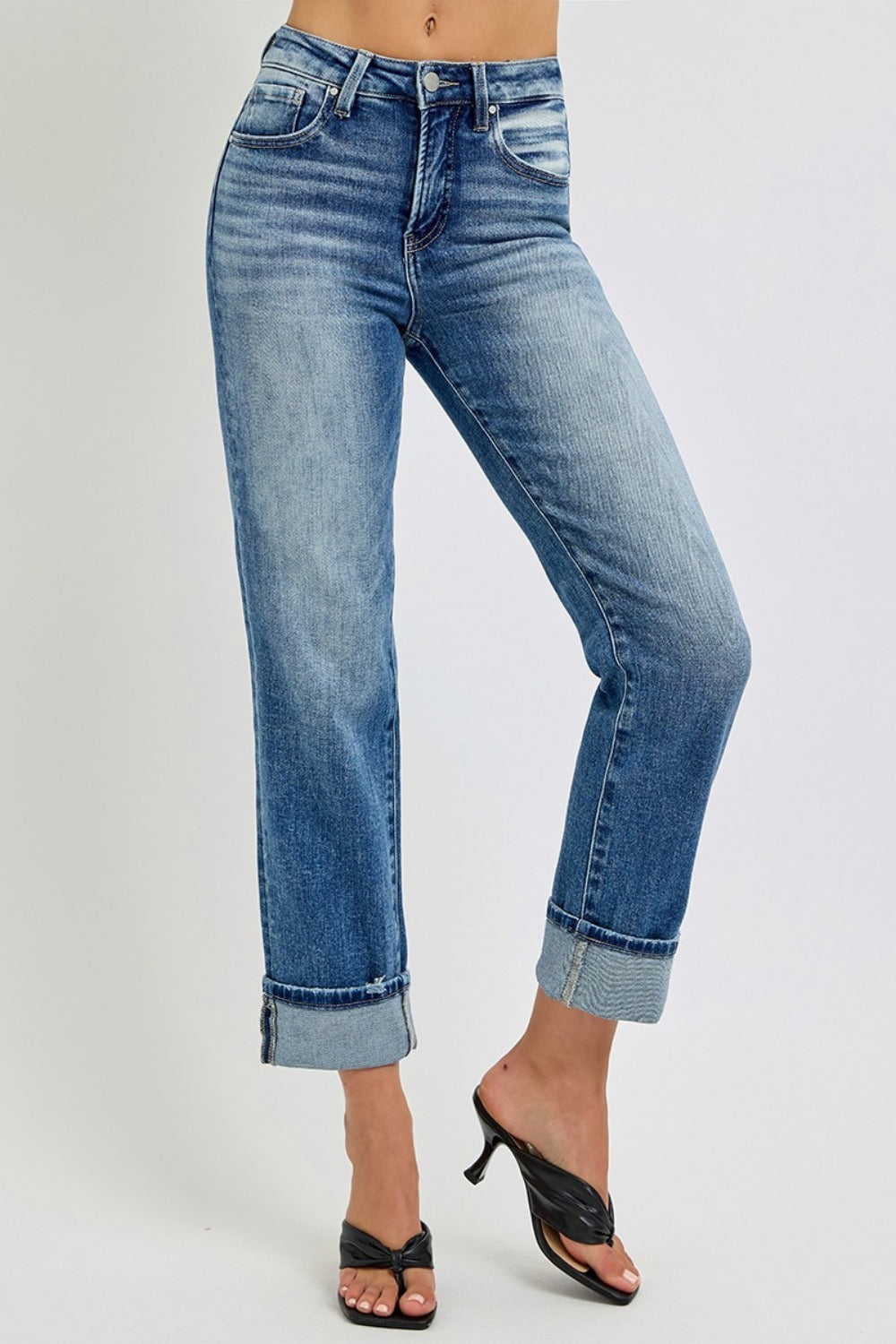 RISEN Full Size High Rise Crop Straight Roll Up Jeans-BOTTOM SIZES SMALL MEDIUM LARGE-[Adult]-[Female]-2022 Online Blue Zone Planet