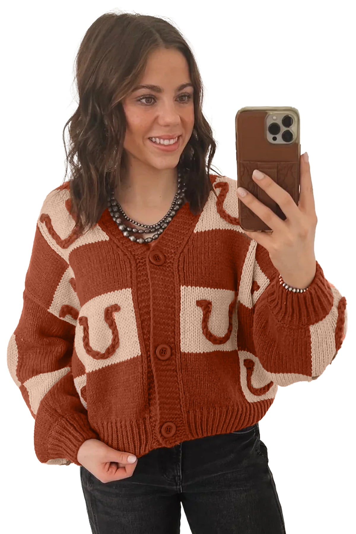 Brown Horseshoe Plaid V Neck Knit Button Front Sweater Cardigan-Sweaters & Cardigans/Cardigans-[Adult]-[Female]-2022 Online Blue Zone Planet