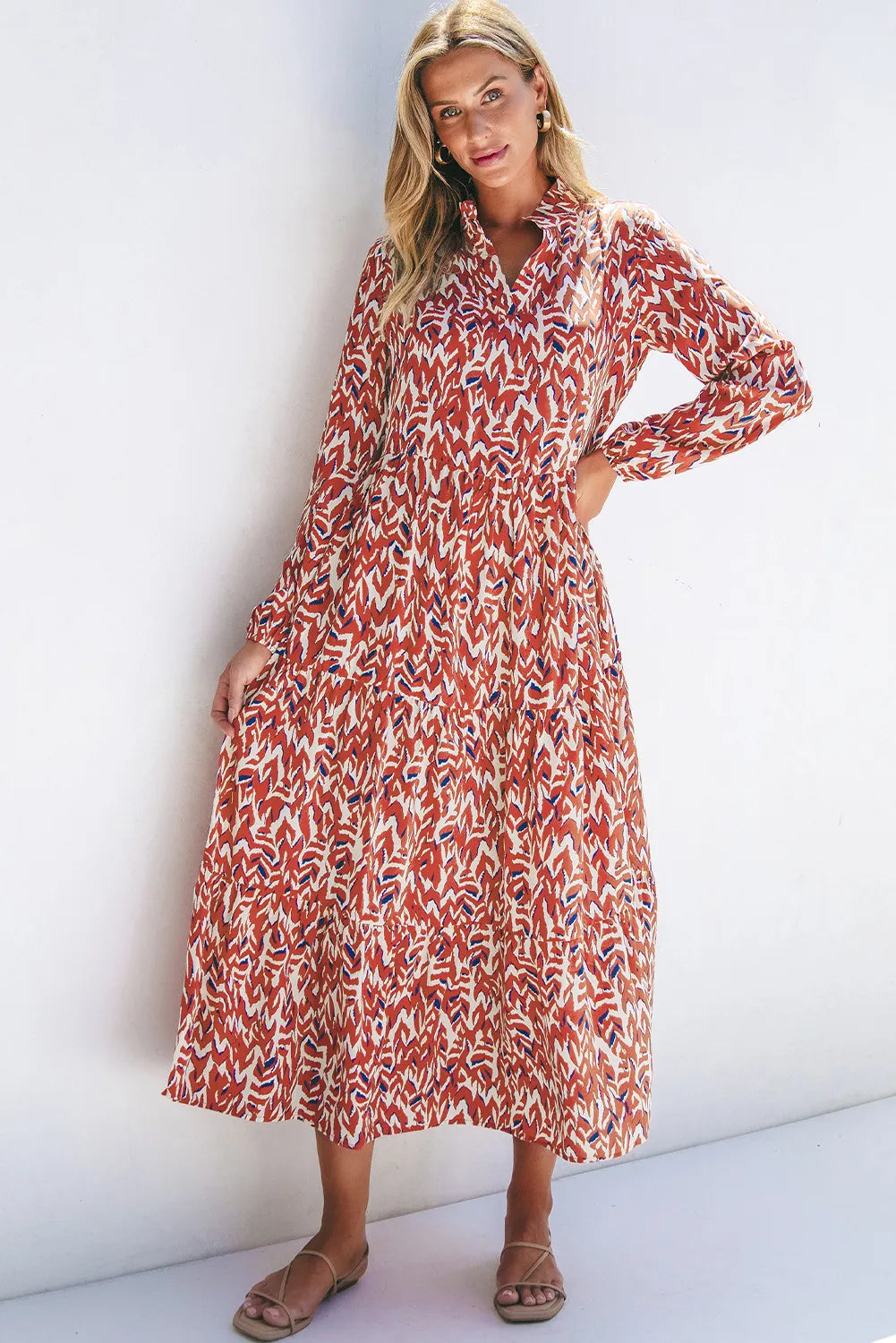 Printed Notched Long Sleeve Dress-TOPS / DRESSES-[Adult]-[Female]-2022 Online Blue Zone Planet