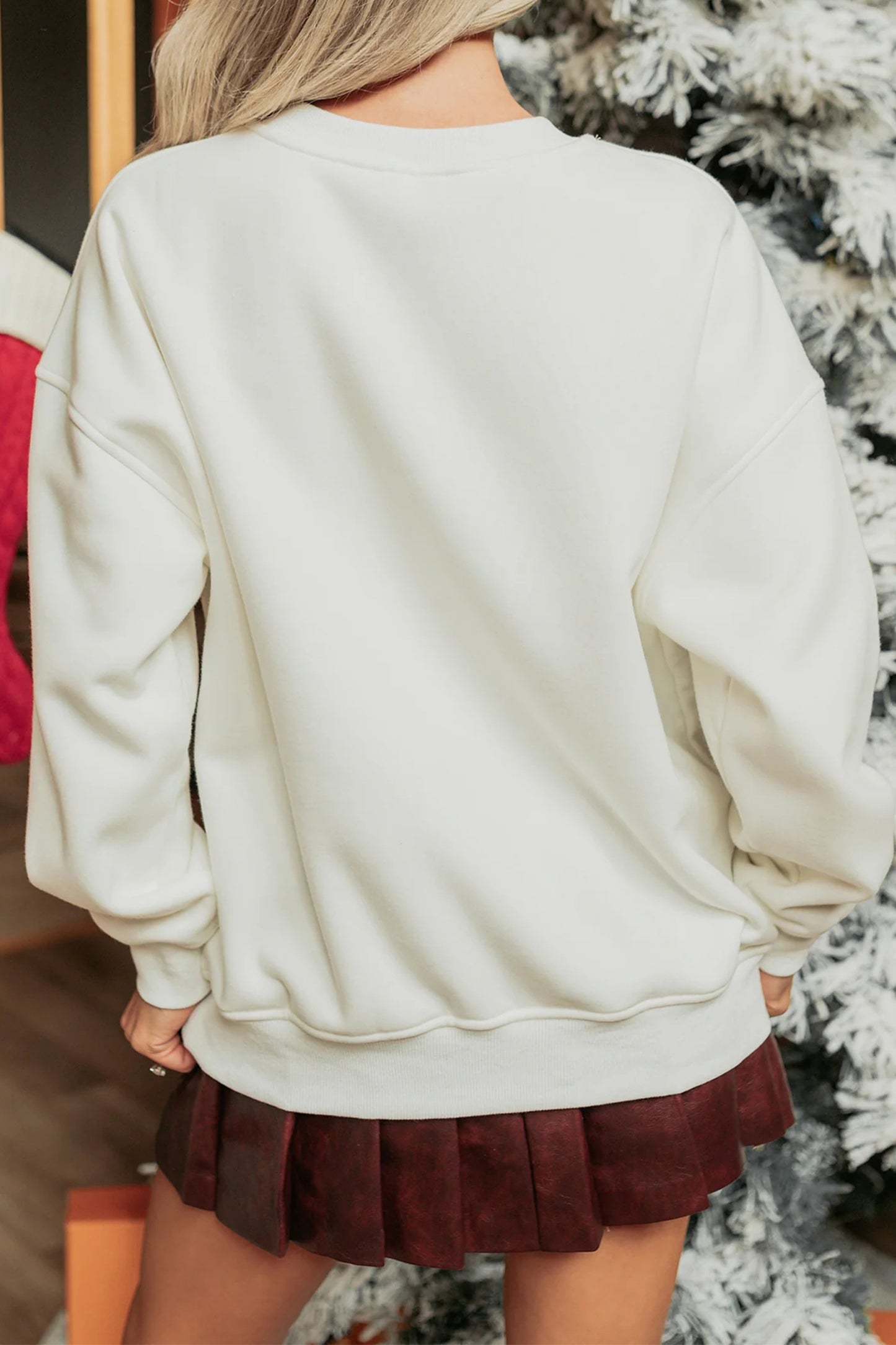 White Christmas Tree Ribbon Bow Printed Drop Shoulder Sweatshirt-Graphic/Graphic Sweatshirts-[Adult]-[Female]-2022 Online Blue Zone Planet