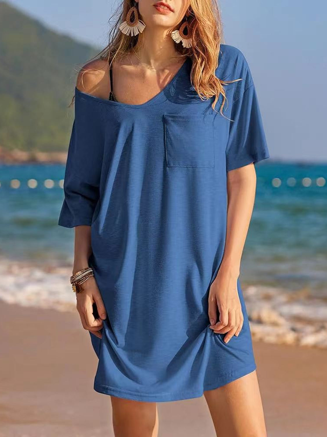 Blue Zone Planet | Pocketed V-Neck Short Sleeve Tee Dress-TOPS / DRESSES-[Adult]-[Female]-Dusty Blue-S-2022 Online Blue Zone Planet