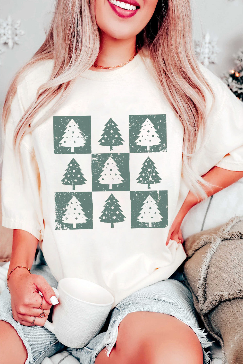 White Christmas Tree Checkered Distressed Graphic Oversize Tee-Graphic/Graphic Tees-[Adult]-[Female]-White-S-2022 Online Blue Zone Planet