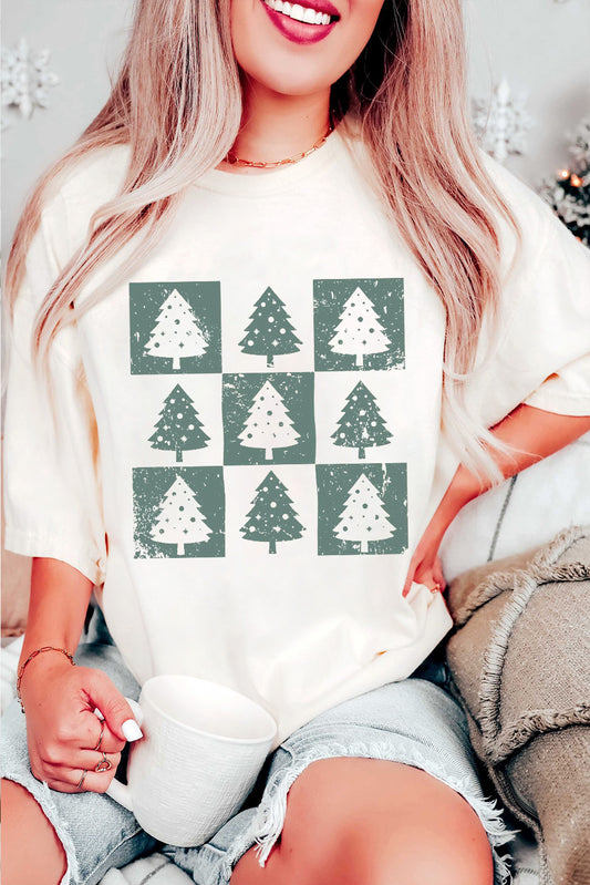 White Christmas Tree Checkered Distressed Graphic Oversize Tee-Graphic/Graphic Tees-[Adult]-[Female]-White-S-2022 Online Blue Zone Planet