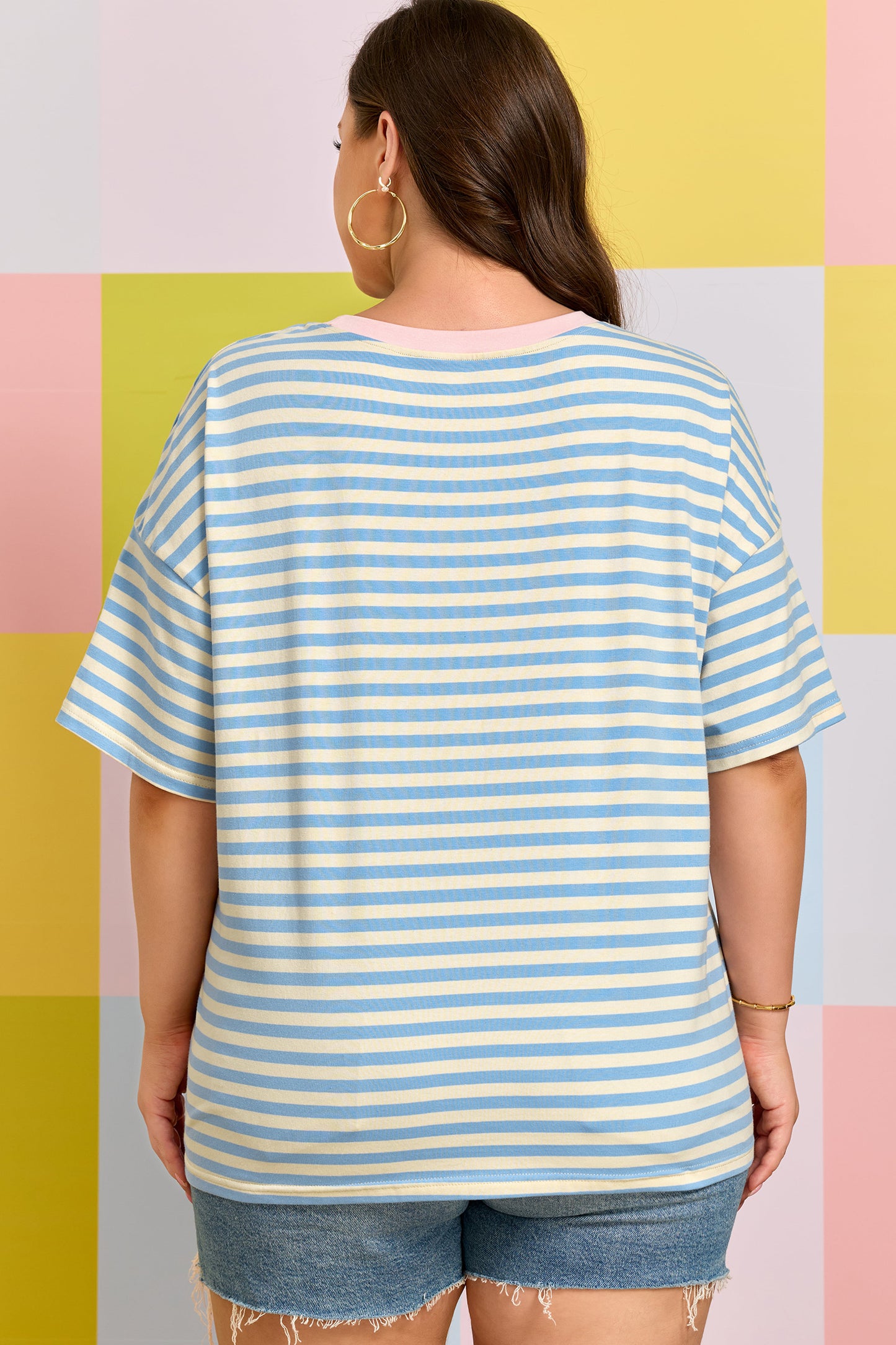 Sky Blue Stripe Plus Size Drop Shoulder Contrast Trim Round Neck Tee-Plus Size/Plus Size Tops/Plus Size Tops & Tees-[Adult]-[Female]-2022 Online Blue Zone Planet