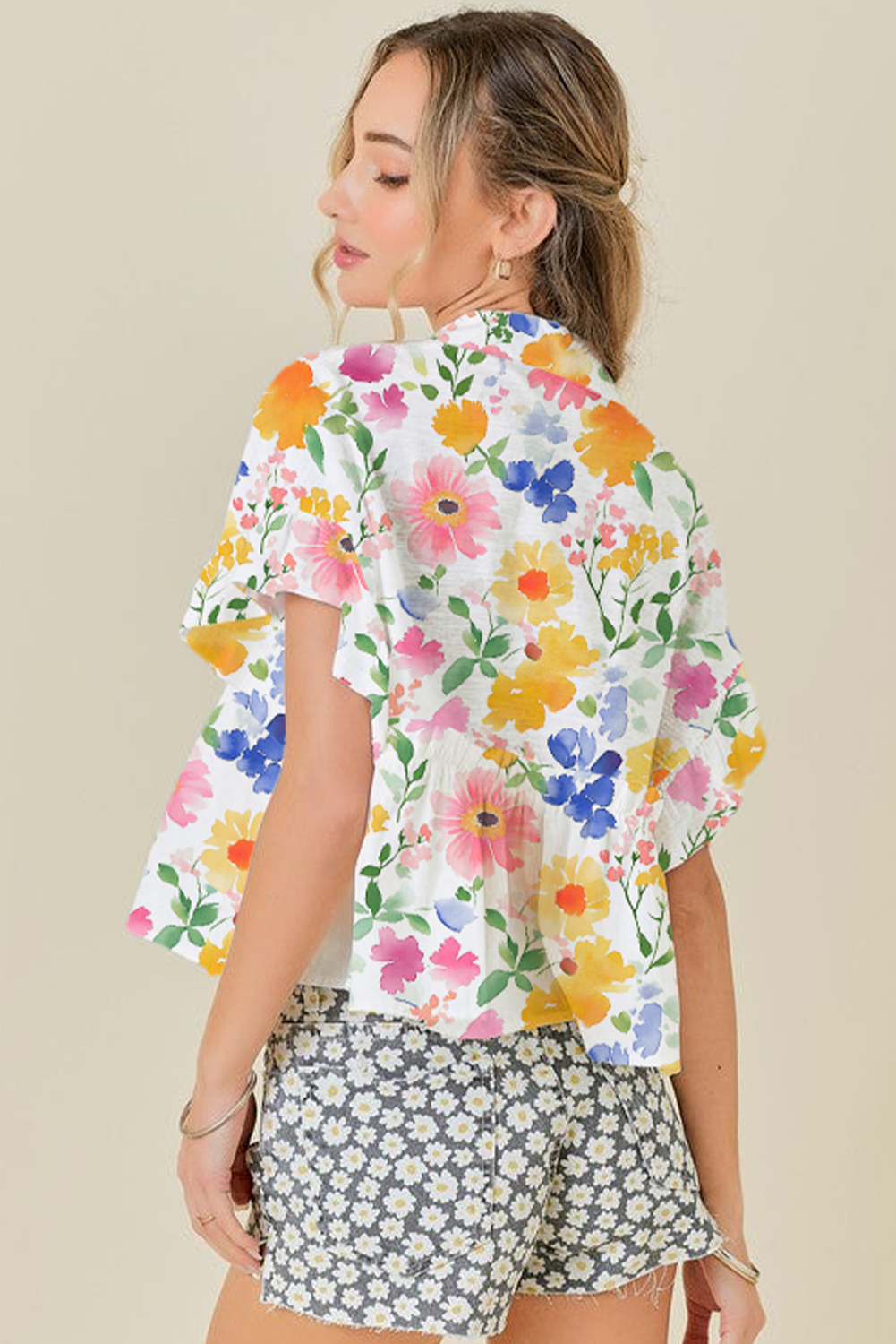 Yellow Floral Boxy Fit Ruffled Short Sleeve V Neck Blouse-Tops/Blouses & Shirts-[Adult]-[Female]-2022 Online Blue Zone Planet