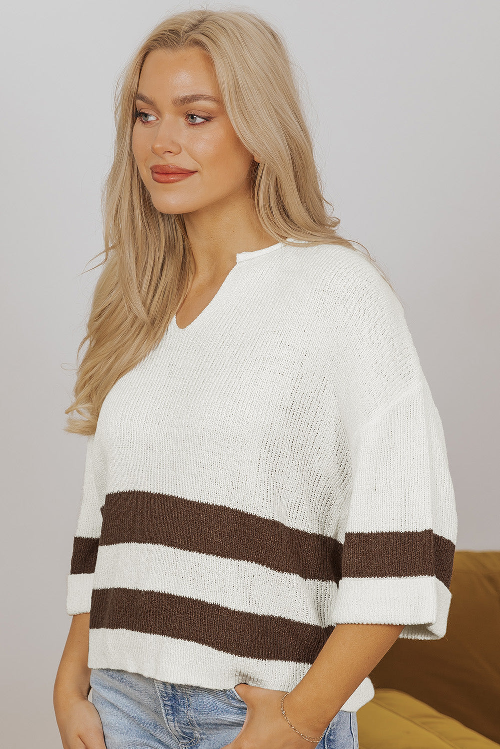 Blue Zone Planet | Brown Striped Accent Notched V Neck Cropped Sweater T Shirt-Sweaters & Cardigans/Short Sleeve Sweaters-[Adult]-[Female]-2022 Online Blue Zone Planet