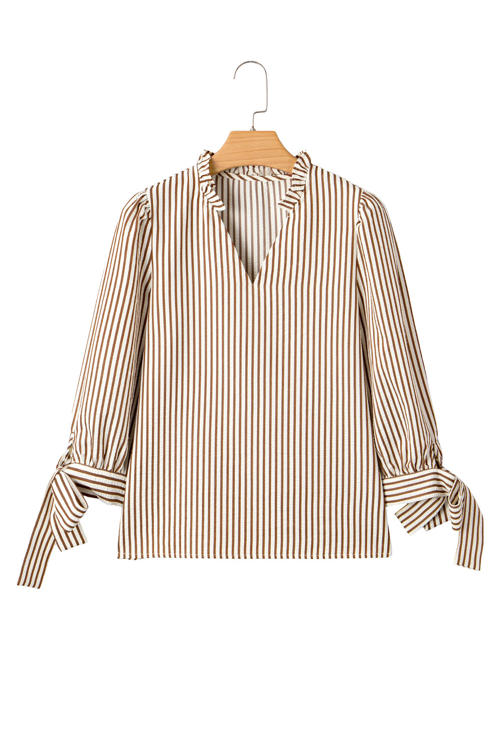 Straw Yellow Striped Print Tied Cuffs Split Neck Seersucker Blouse-Tops/Blouses & Shirts-[Adult]-[Female]-2022 Online Blue Zone Planet