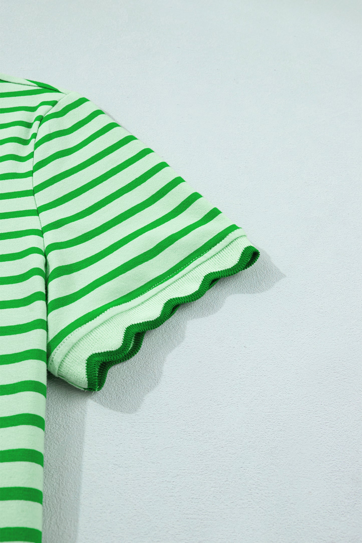 Green Stripe Scalloped Trim Round Neck T Shirt-Tops/Tops & Tees-[Adult]-[Female]-2022 Online Blue Zone Planet