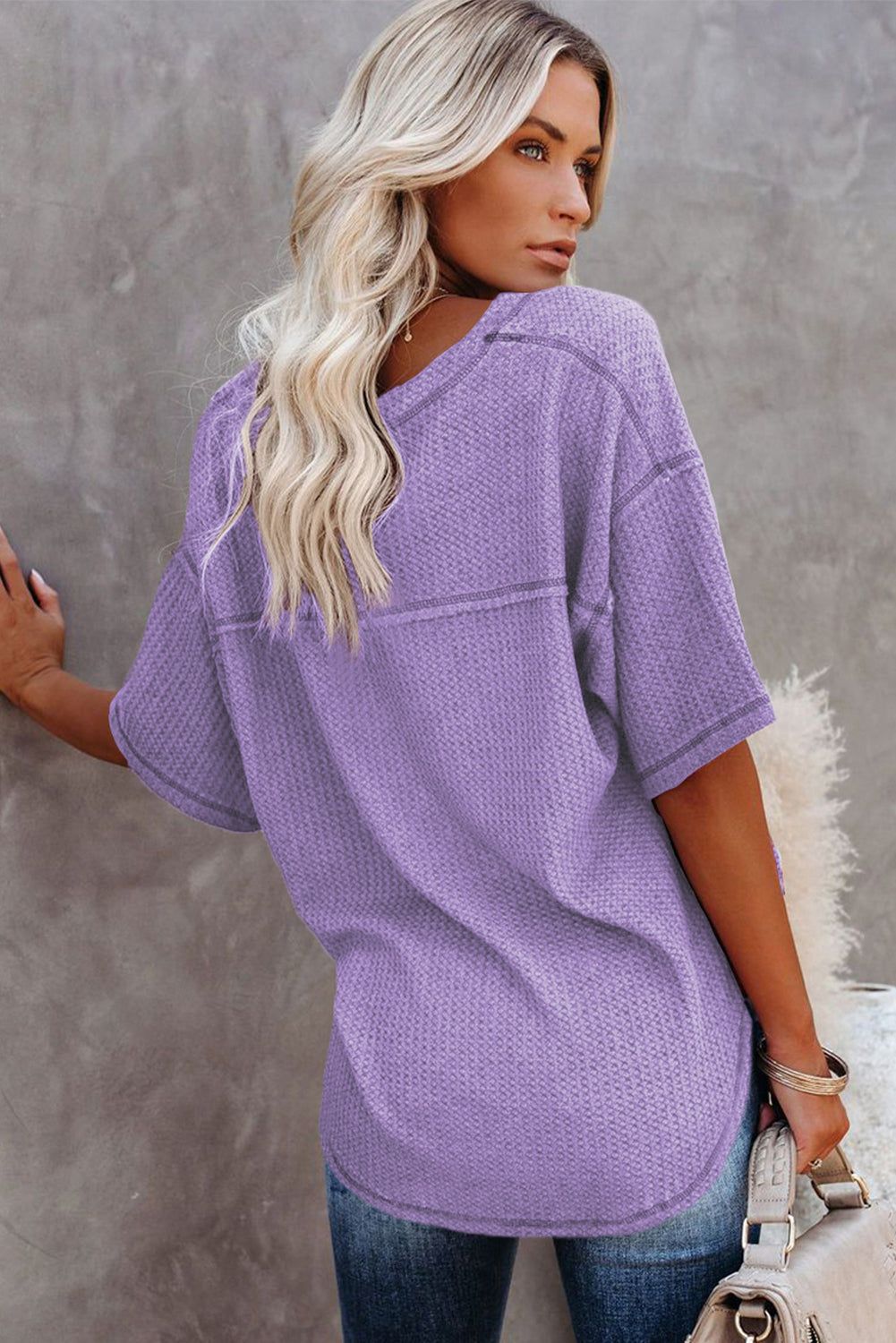 Purple Exposed Seam Half Sleeve Knitted V Neck Textured Top-Tops/Tops & Tees-[Adult]-[Female]-2022 Online Blue Zone Planet