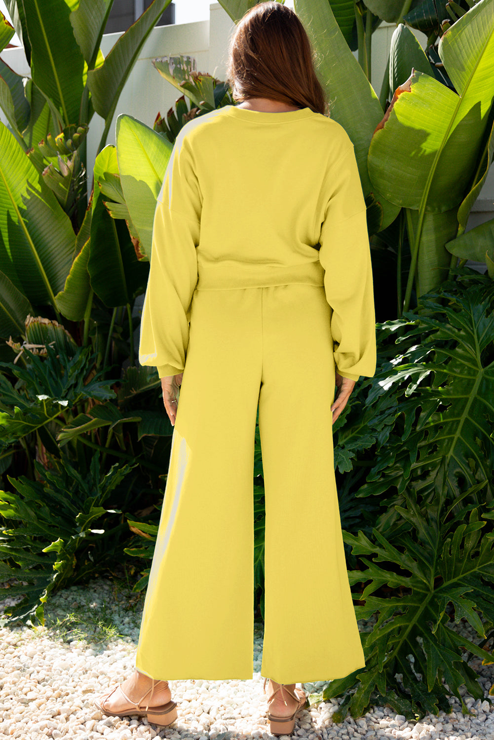 Yellow Cream Drop Shoulder Puff Sleeve Crop Pullover Drawstring Wide Leg Pants Set-Two Piece Sets/Pant Sets-[Adult]-[Female]-2022 Online Blue Zone Planet
