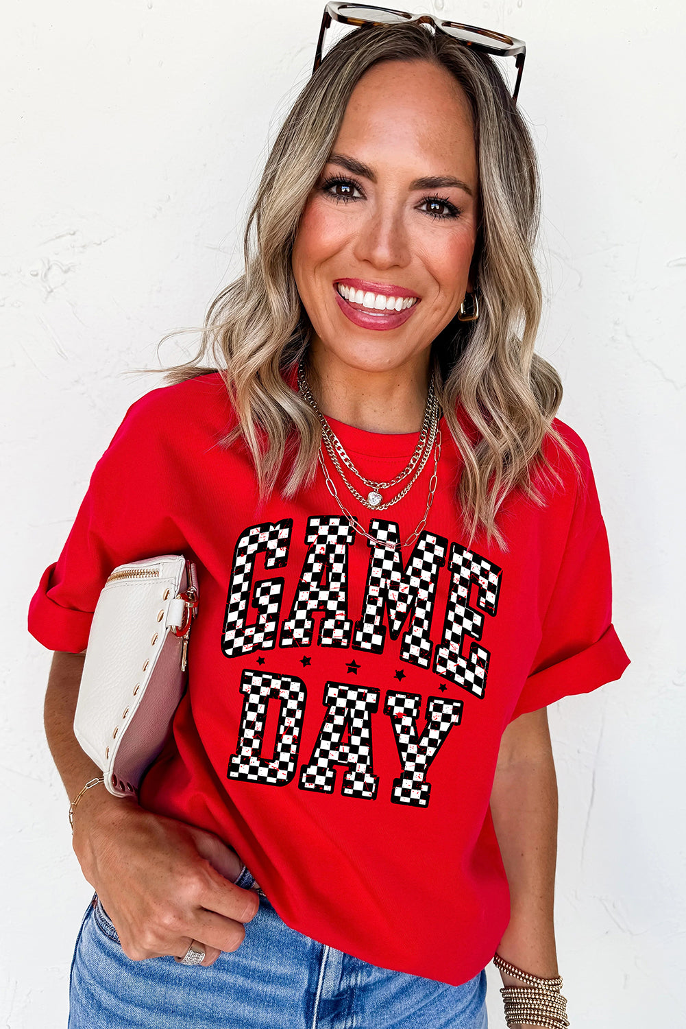 Red Checkered Game Day Graphic T Shirt-Graphic/Graphic Tees-[Adult]-[Female]-2022 Online Blue Zone Planet