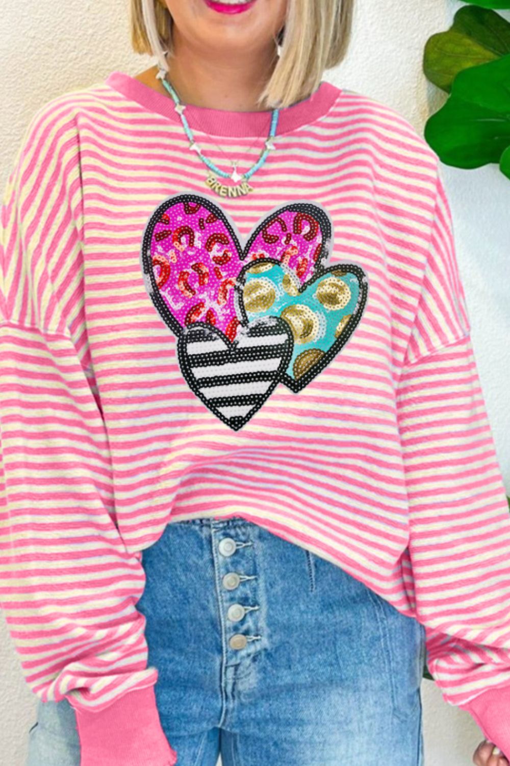 Striped Sequin Heart Round Neck Long Sleeve Sweatshirt-TOPS / DRESSES-[Adult]-[Female]-Pink-S-2022 Online Blue Zone Planet