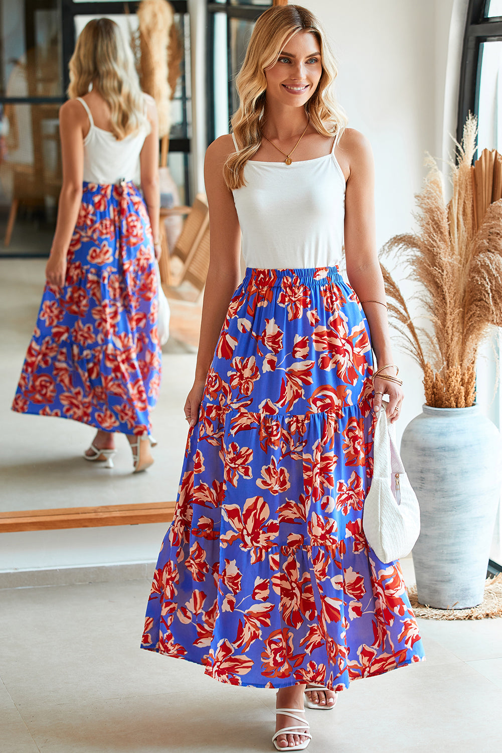 Blue Bohemian Floral Print Tiered Maxi Skirt with Split-Bottoms/Skirts & Petticoat-[Adult]-[Female]-2022 Online Blue Zone Planet