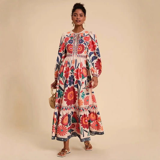 Floral Tie Waist Long Sleeve Maxi Dress - Blue Zone Planet-50% Off-[Adult]-[Female]-2022 Online Blue Zone Planet